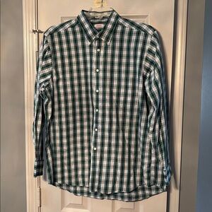 Izod Wrinkle Free Twill Regular Fit Blue Green & White Plaid Long Sleeve Shirt
